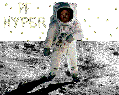 Peter Fleck on the moon in a space suit with text PF Hyper